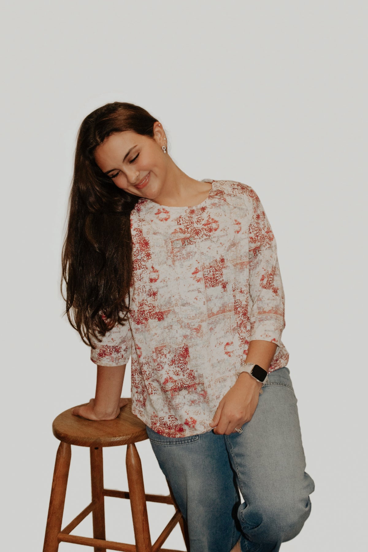 Wine and Ivory Abstract 3/4 Sleeve Top
