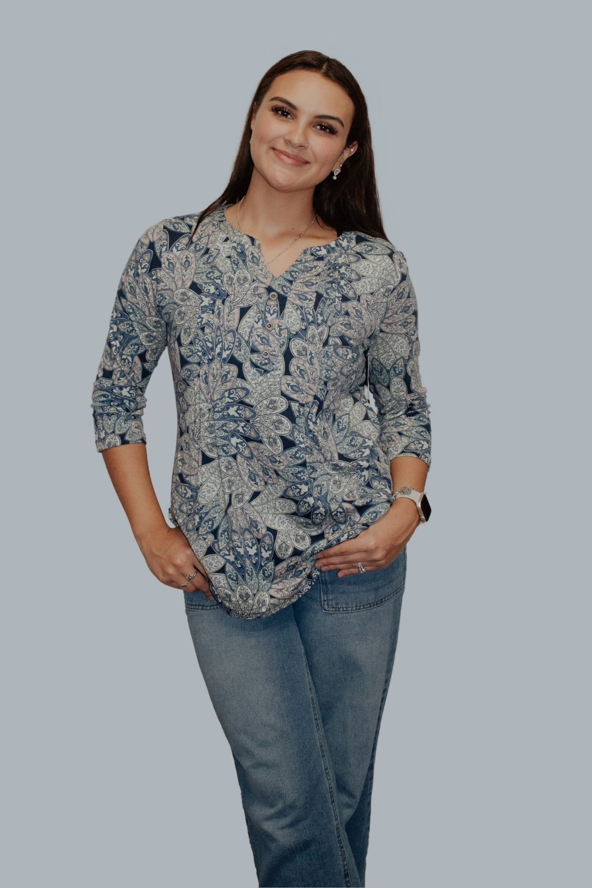 Blue Green Beige 3/4 Sleeve Paisley Top