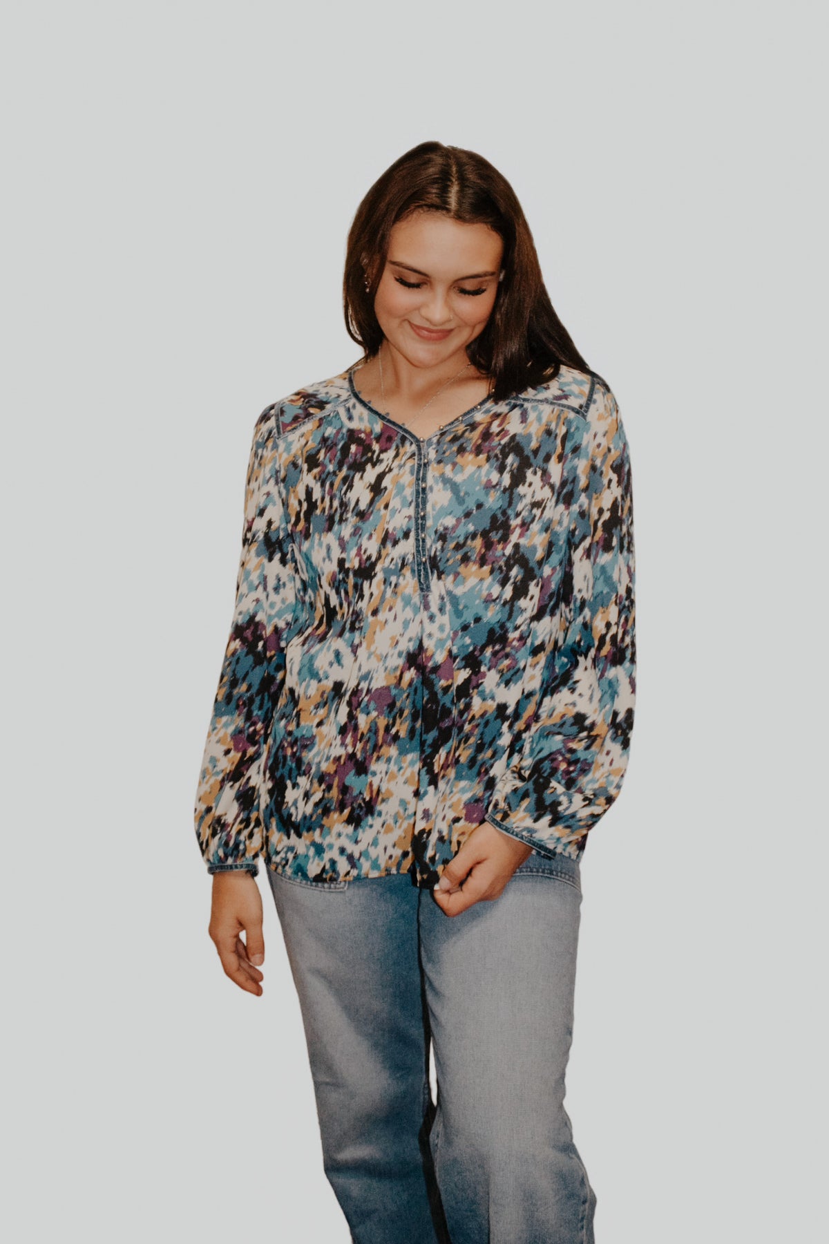 Teal and Gold Long Sleeve Brush Blouse