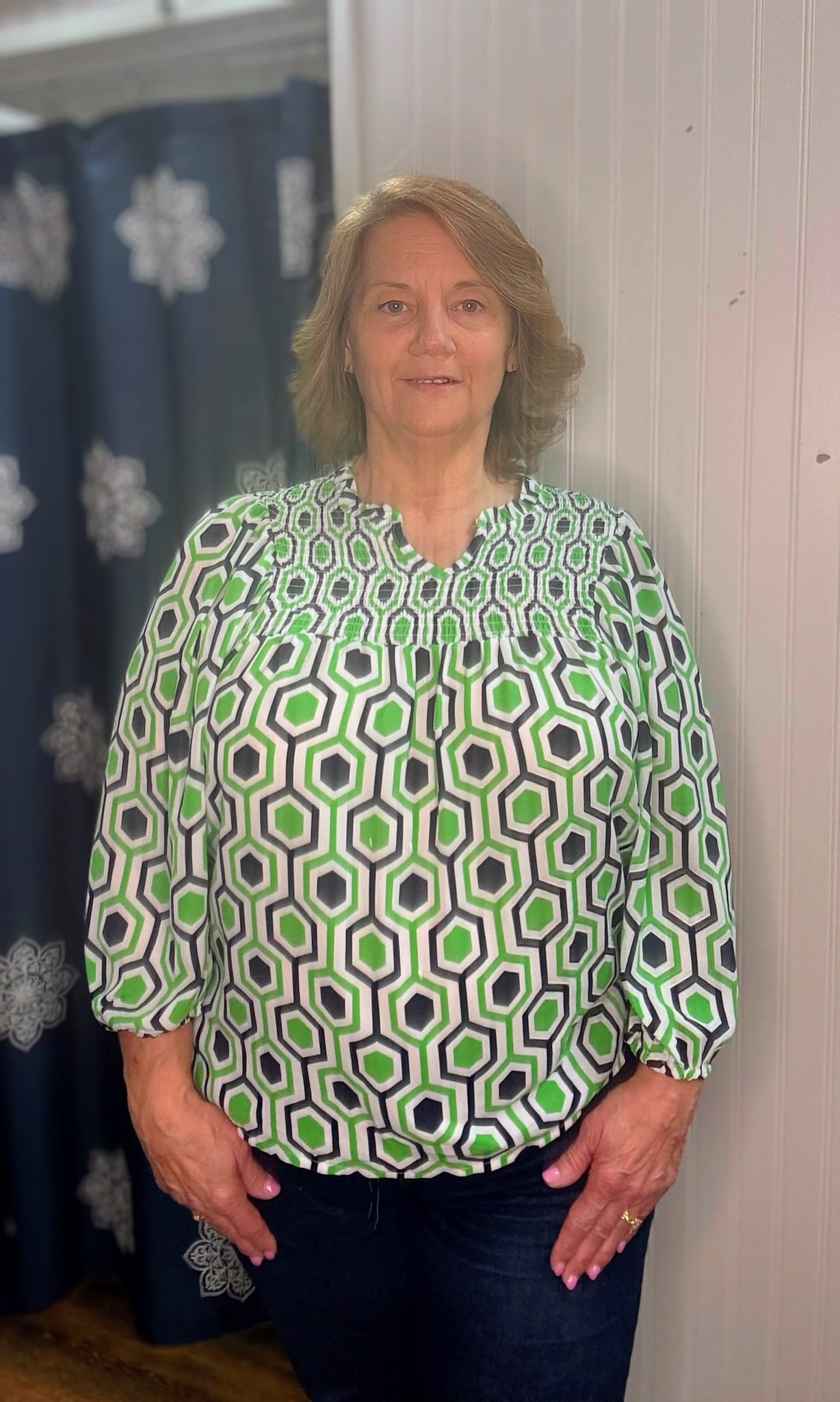 Hexagon Print Navy/White/Green Smocked Neck Top
