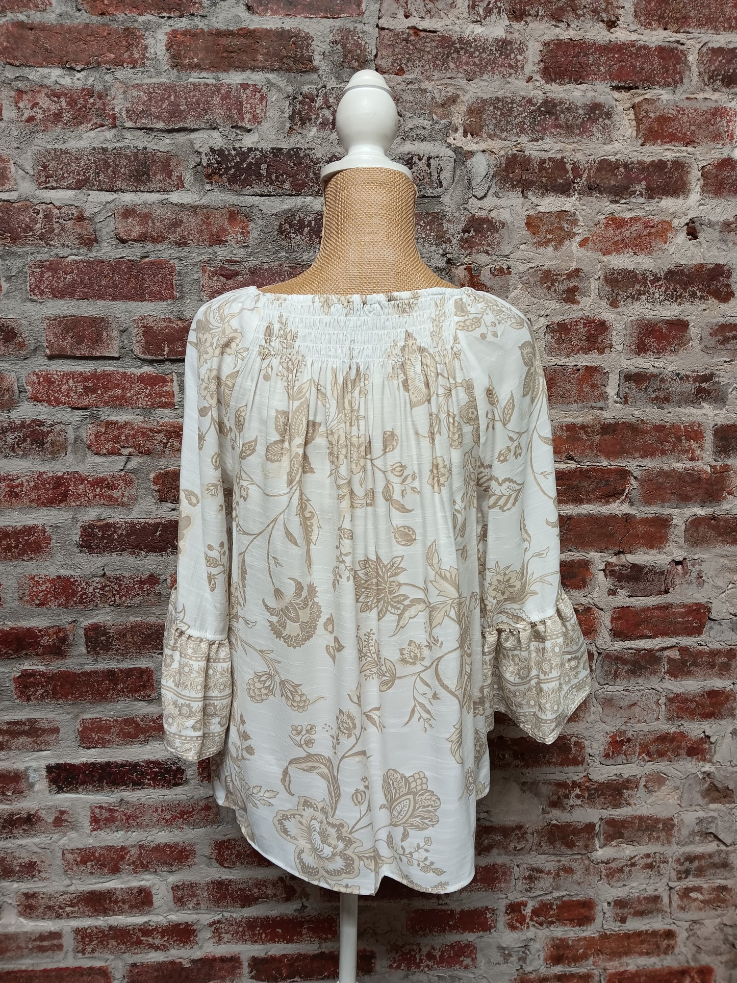 Creme Floral Shirred Neck Top