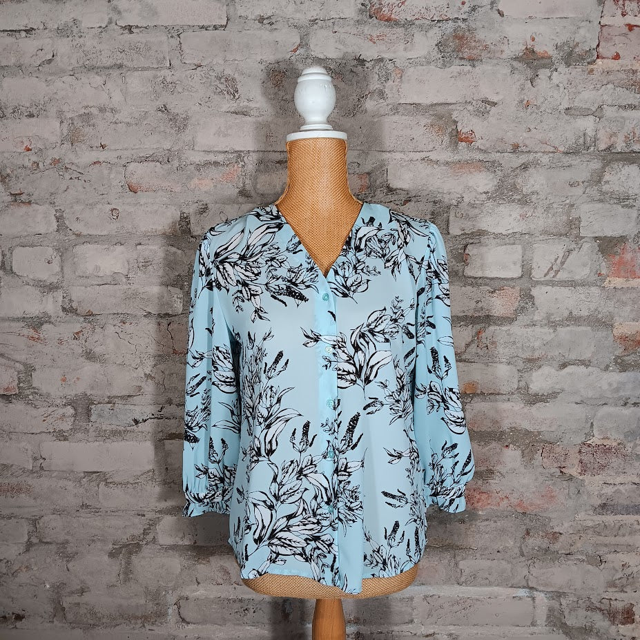 Sky Blue and Black Floral Blouse