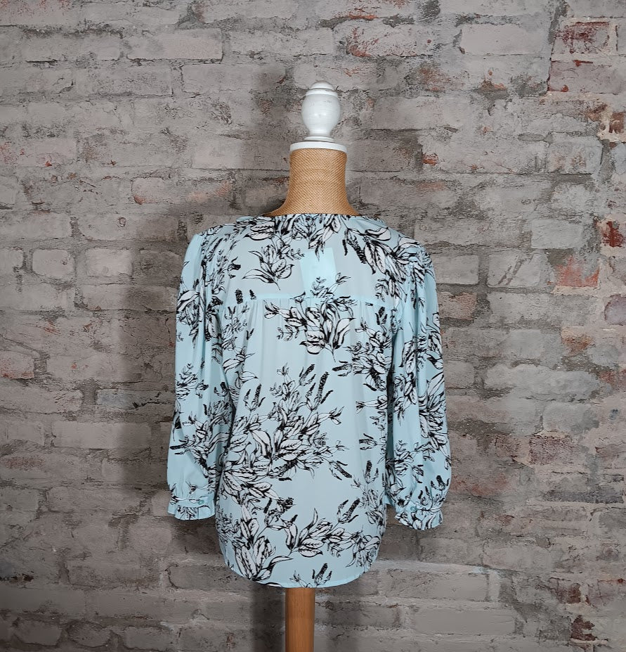 Sky Blue and Black Floral Blouse