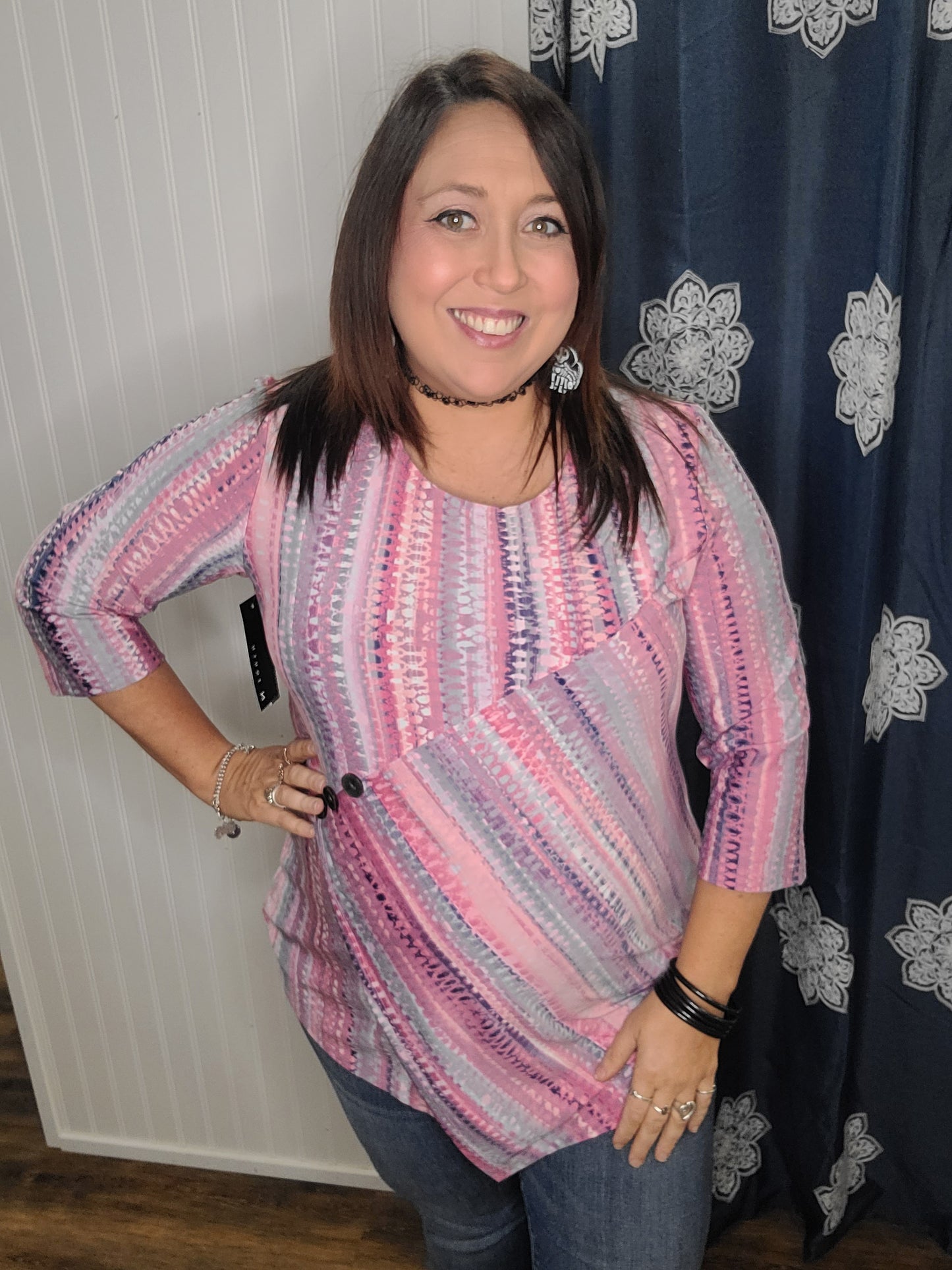 Pink Paris Stripe Print Top (Plus-Sized)