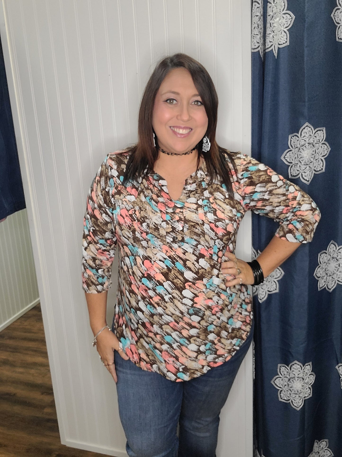 Coral and Brown 3/4 Sleeve Top (Plus-Size)