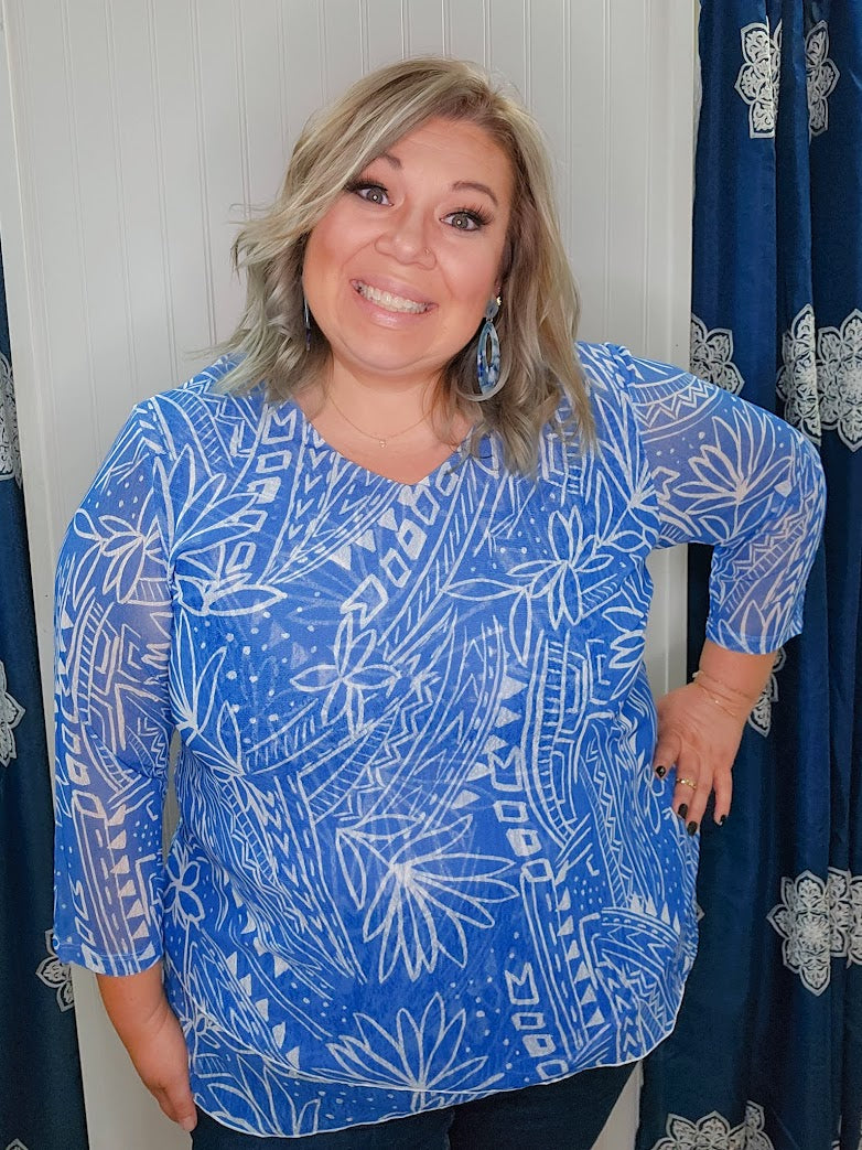 Blue Tropic Layered V-Neck Top (Plus-Sized)