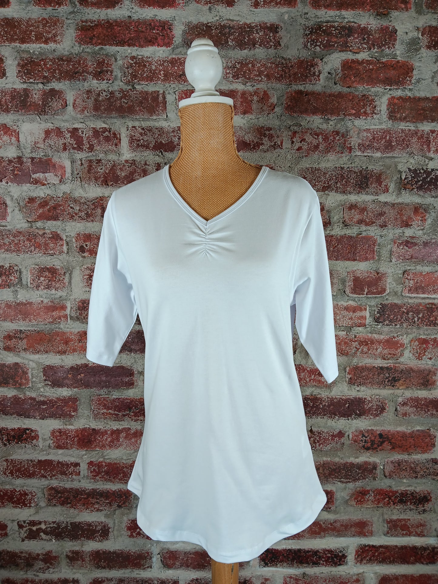 Red/White Ruched V-Neck Top Short Sleeve