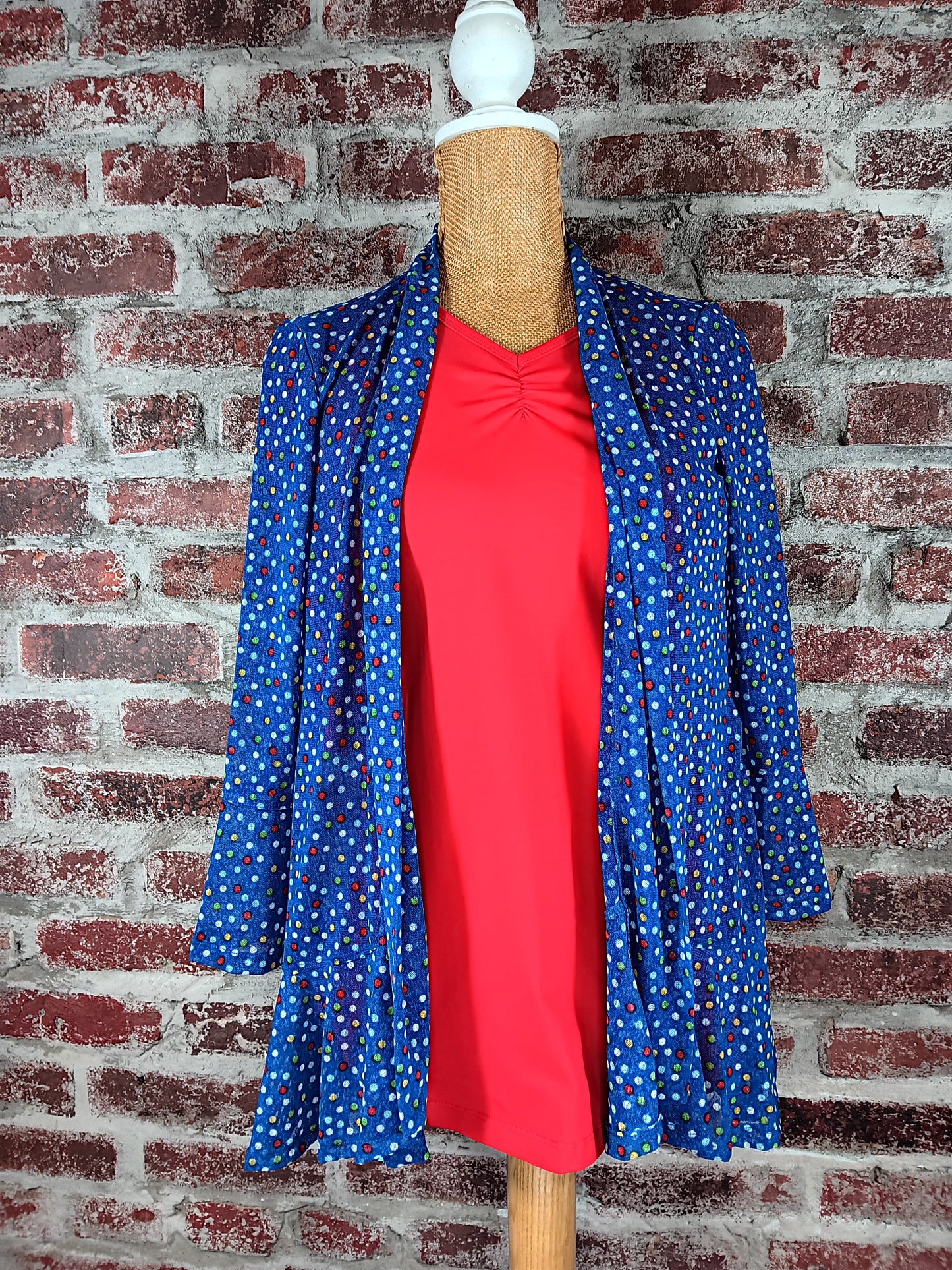 Multicolored Dot Print Flounce Hem Jacket, 3/4 Sleeve Very Light Weight