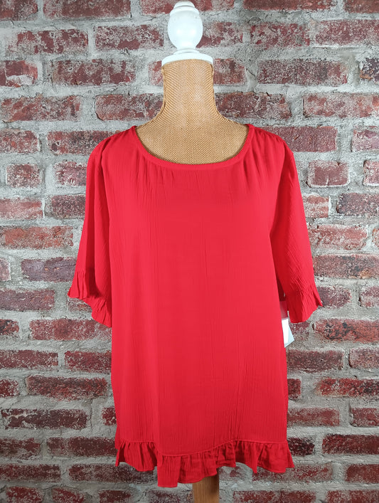 Red, Scoop Neck, Ruffle Sleeve and Hem, Faux Button Back Short Sleeve Top