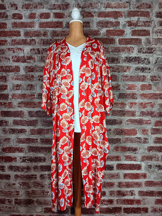 Red and Black Long Floral Pattern Duster