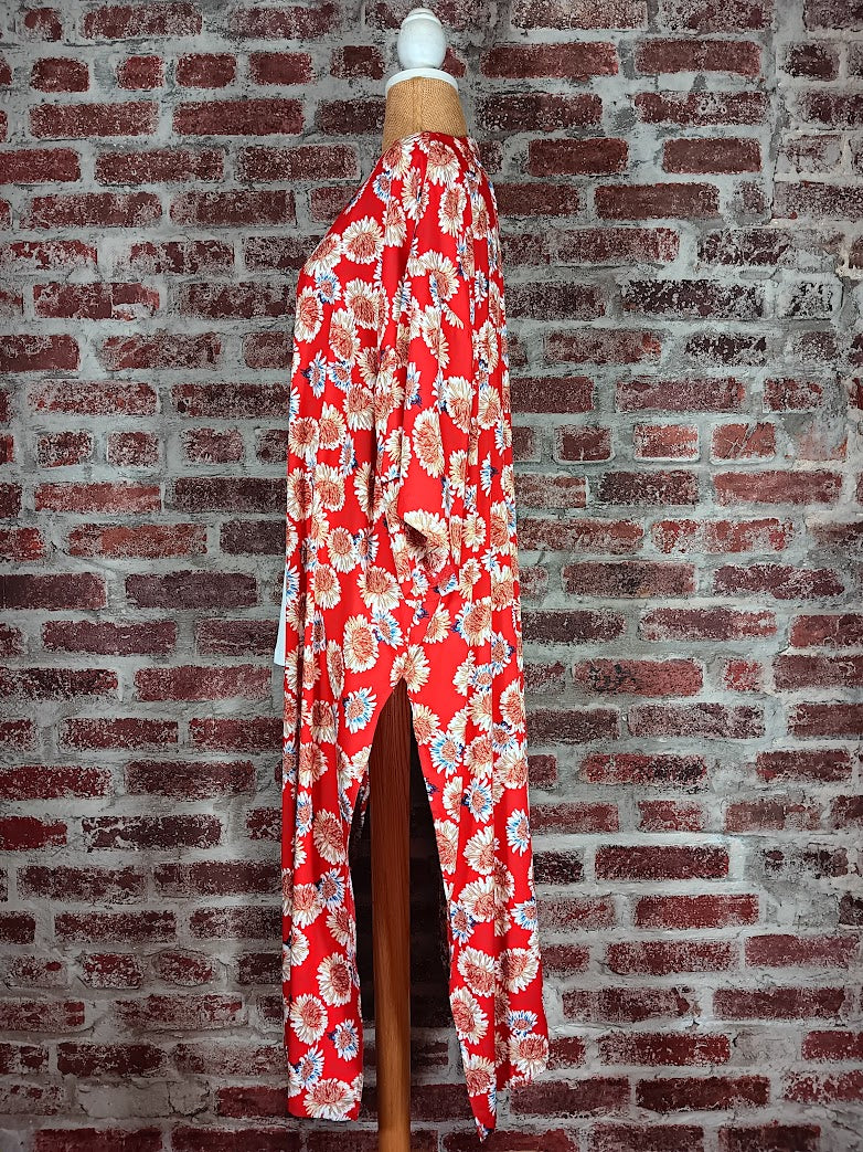 Red and Black Long Floral Pattern Duster