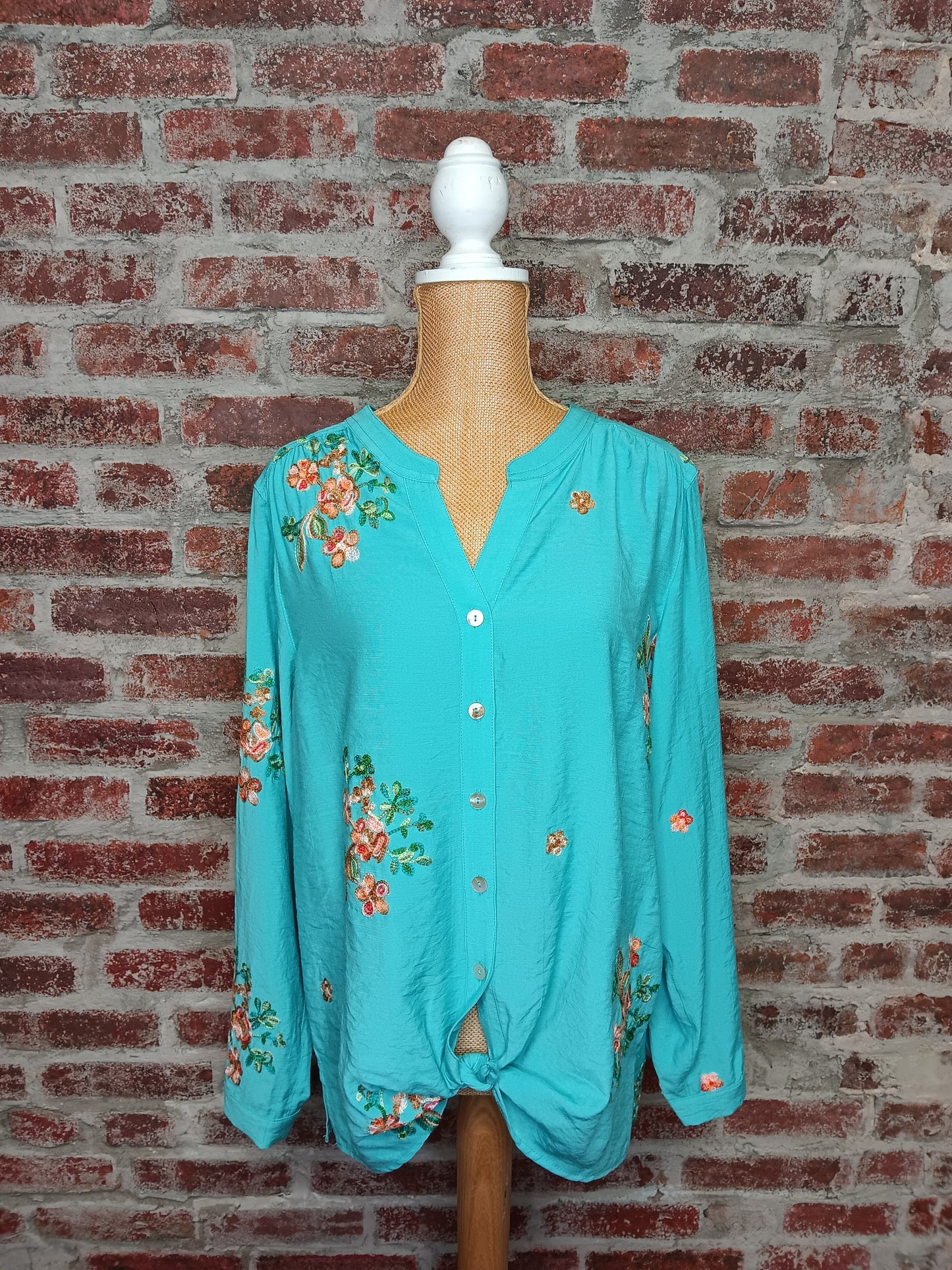 Aqua Embroidered Button-Up Shirt