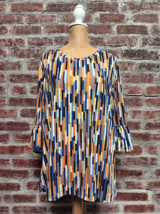 Blue, Rust & Cream Flounce 3/4 Sleeve Top