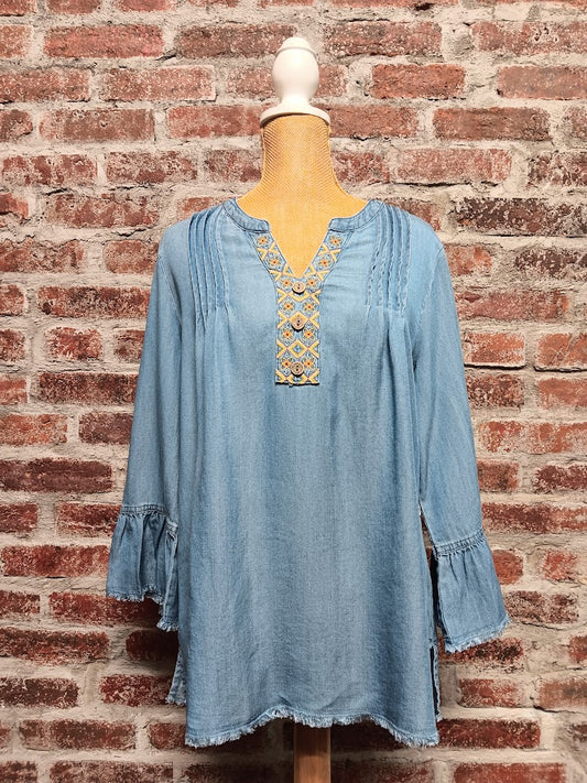 Denim Embroidered V-Neck Top