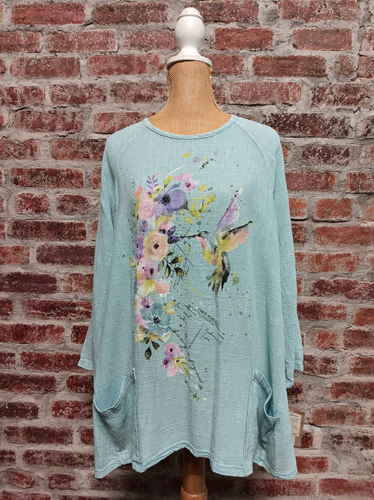 Mint 3/4 Sleeve Hummingbird Top