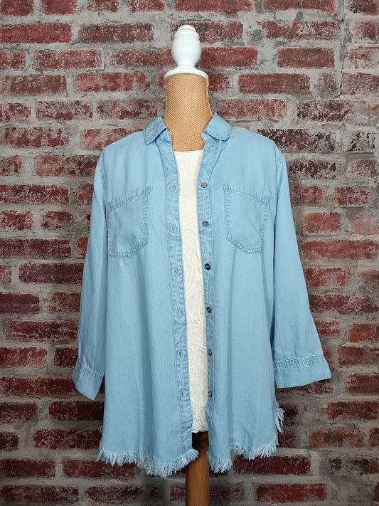 Ice Blue Frayed Button Shirt w/Pockets (Plus-Sized)