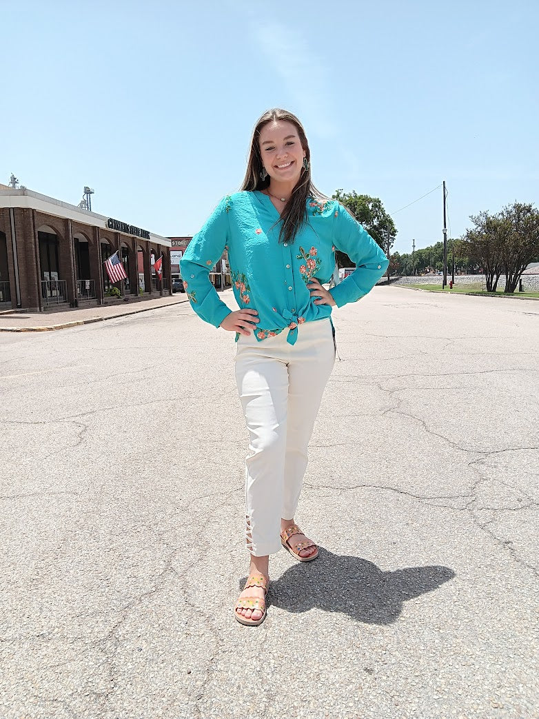 Aqua Embroidered Button-Up Shirt