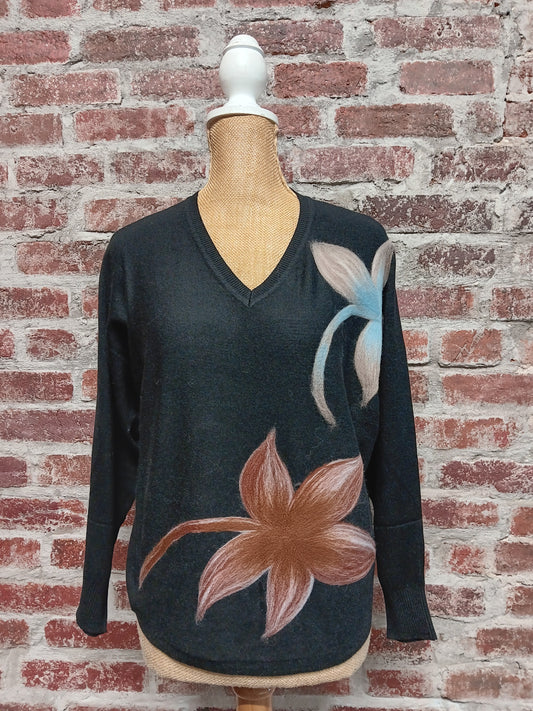 Black and Taupe Floral Embroidered Pullover