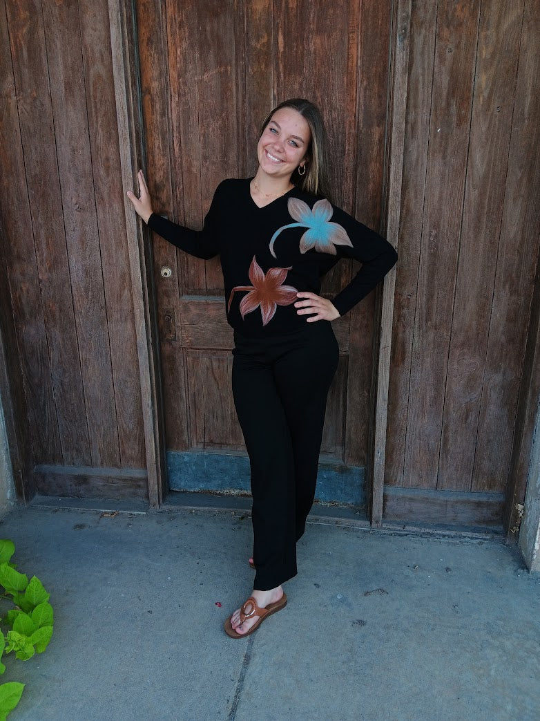 Black and Taupe Floral Embroidered Pullover