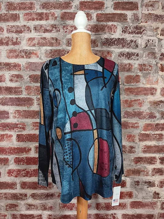 Blue Long Sleeve Abstract Tunic Top (Plus-Sized)