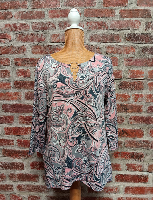 Pink and Charcoal Paisley Top with Silver Ring Neckline Detail