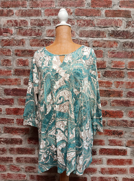 Taupe and Green Paisley 3/4 Sleeve Top Keyhole Neckline (Plus-Sized)