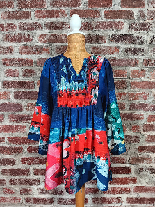 Blue and Red Smocked Neck Top