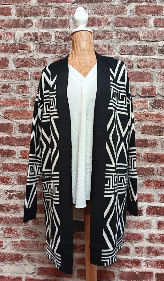 Black and White Patterned Long Cardigan Sweater