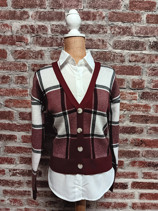 Wine/Brown Plaid Collar Pullover