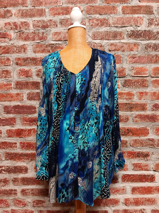 Blue Abstract Long Sleeve Button-up Blouse