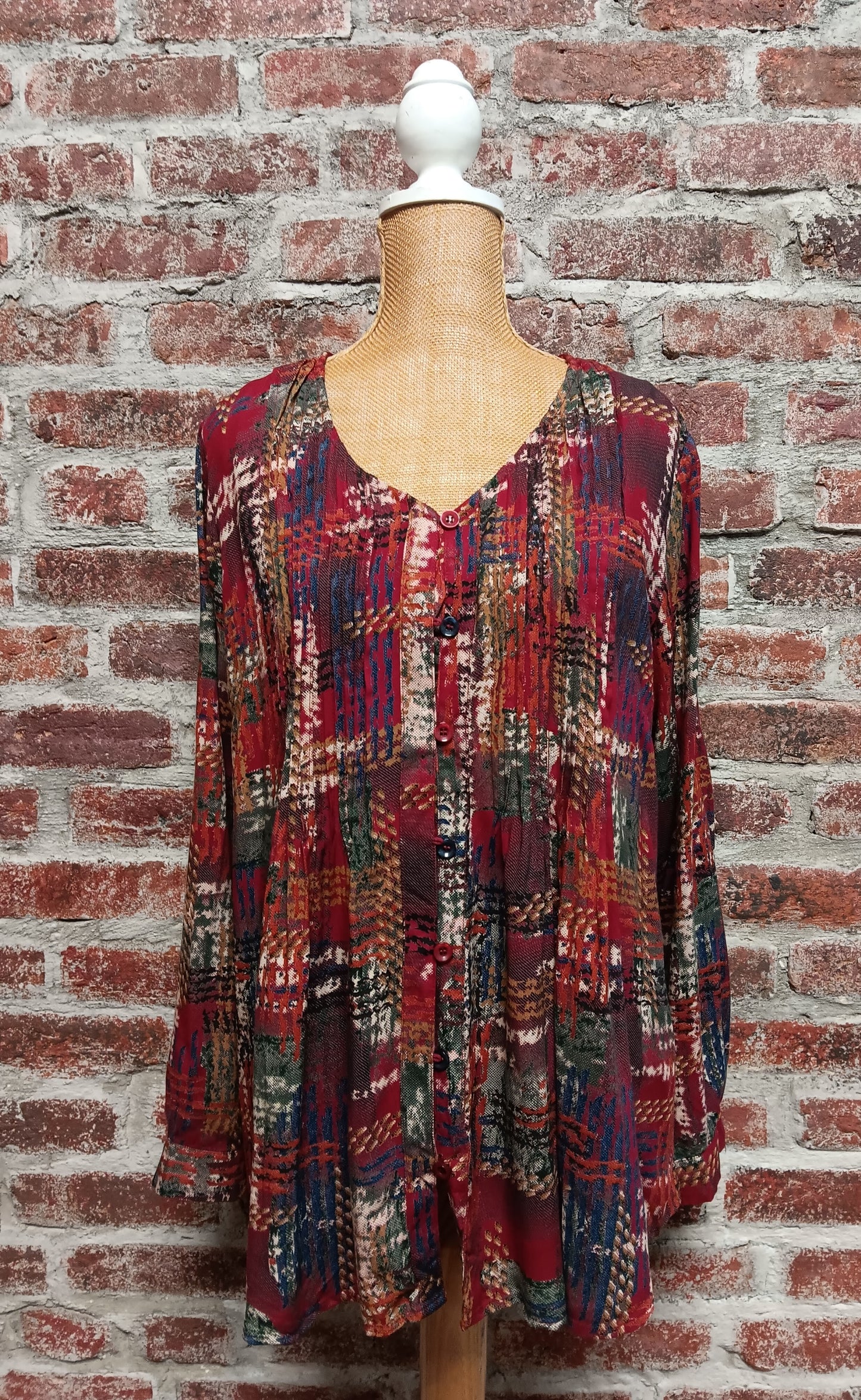 Red Long Sleeve Multicolored Pattern Blouse