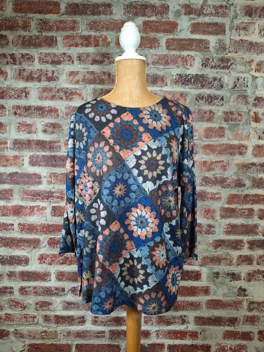 Blue and Brown Quilt Pattern Dolman Sleeve Top