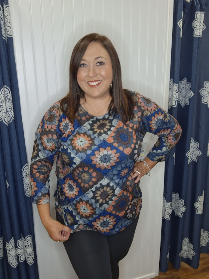 Blue and Brown Quilt Pattern Dolman Sleeve Top