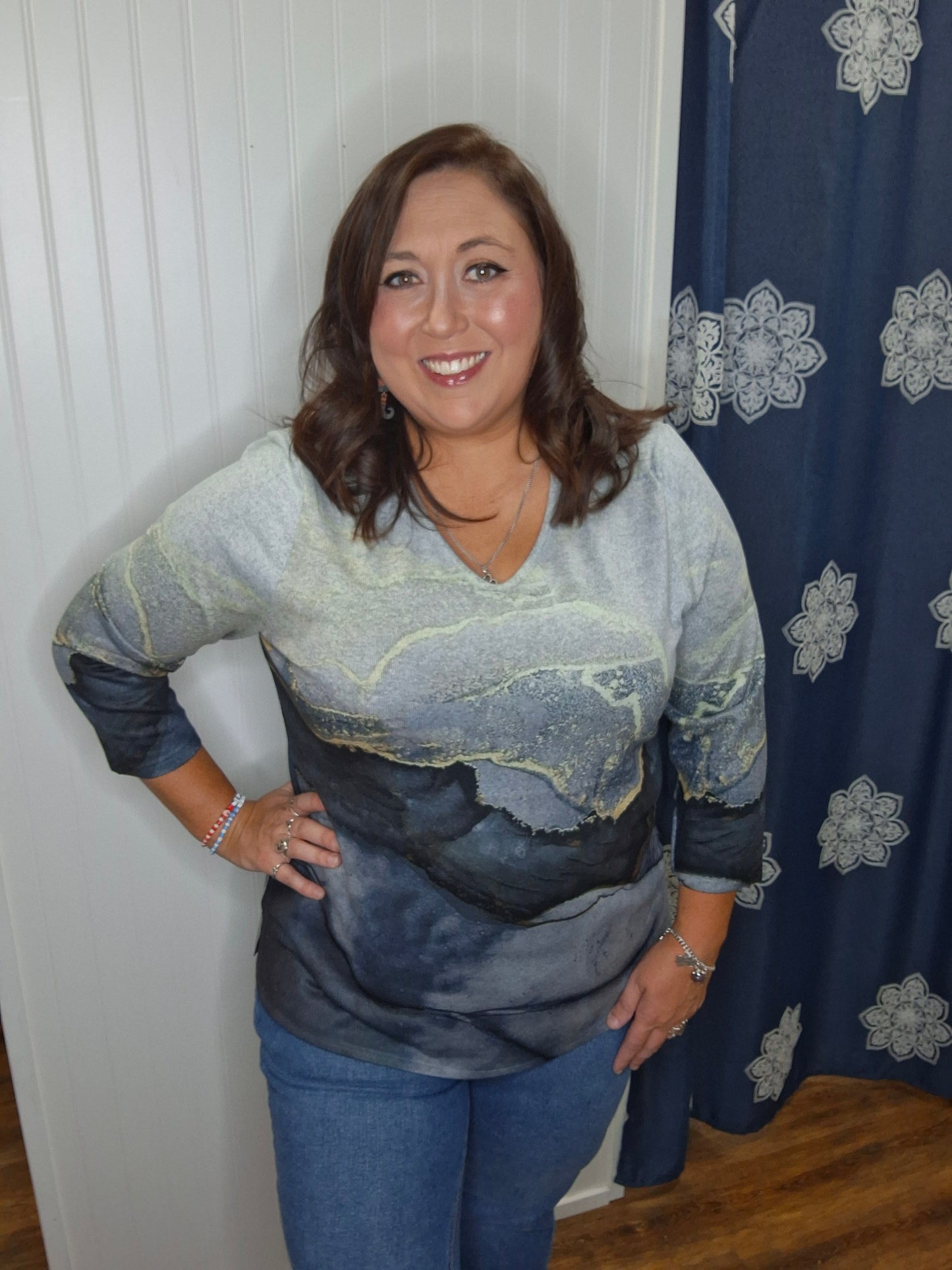 Gray Long Sleeve Top w/Gold Accents