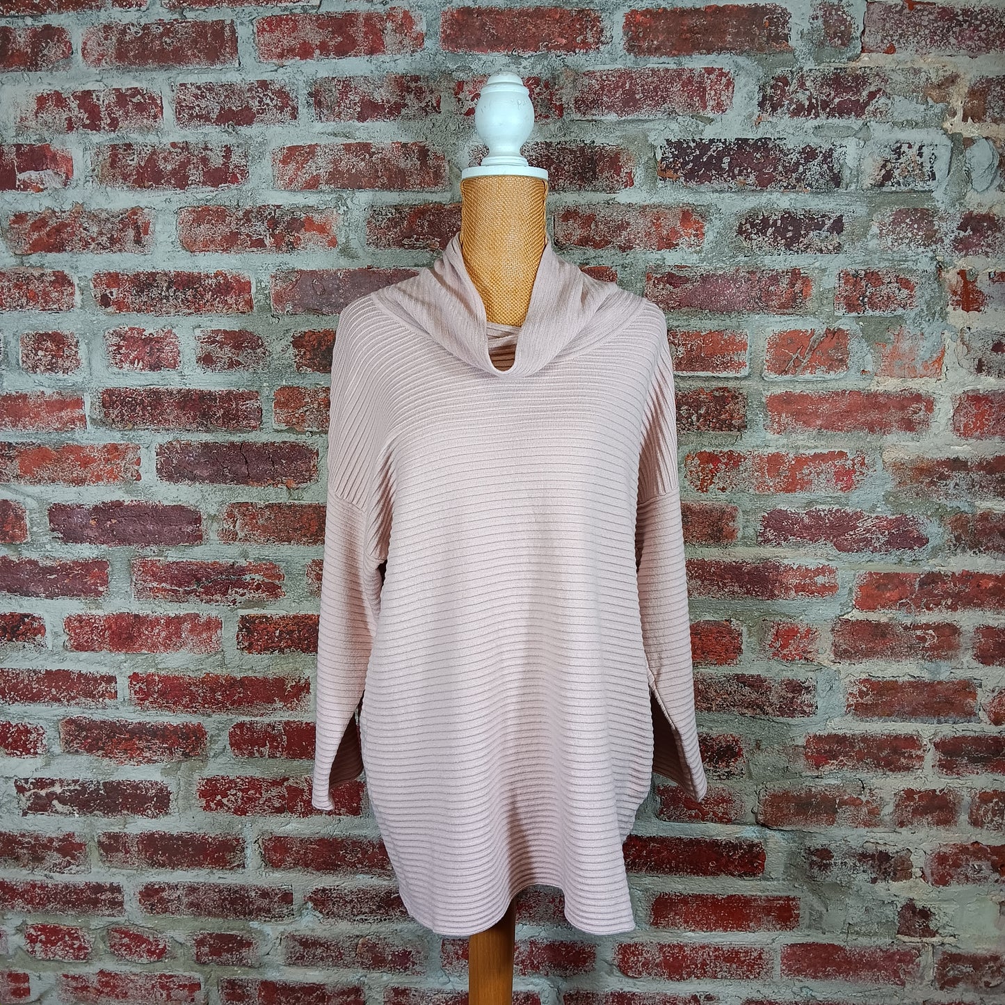 Ribbed Pink 3/4 Sleeve Cowl Neck Sweater