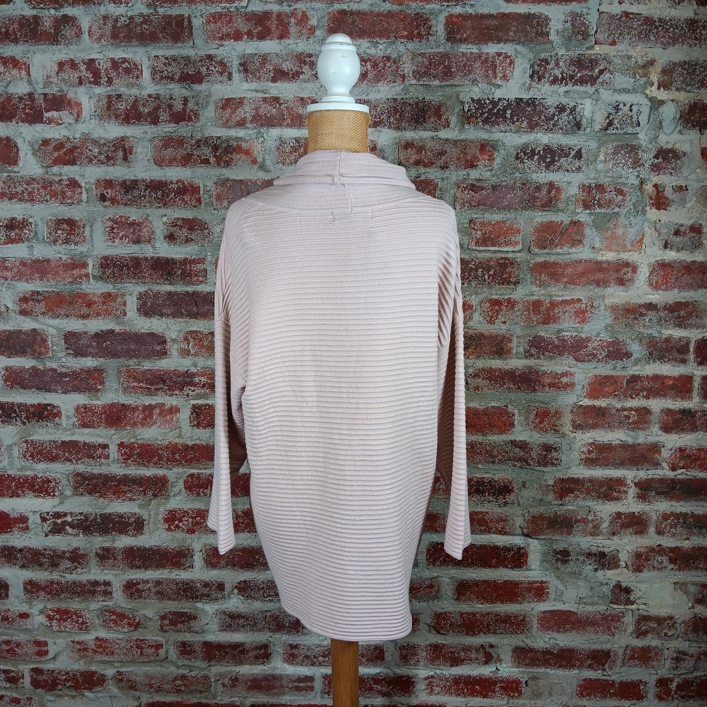 Ribbed Pink 3/4 Sleeve Cowl Neck Sweater