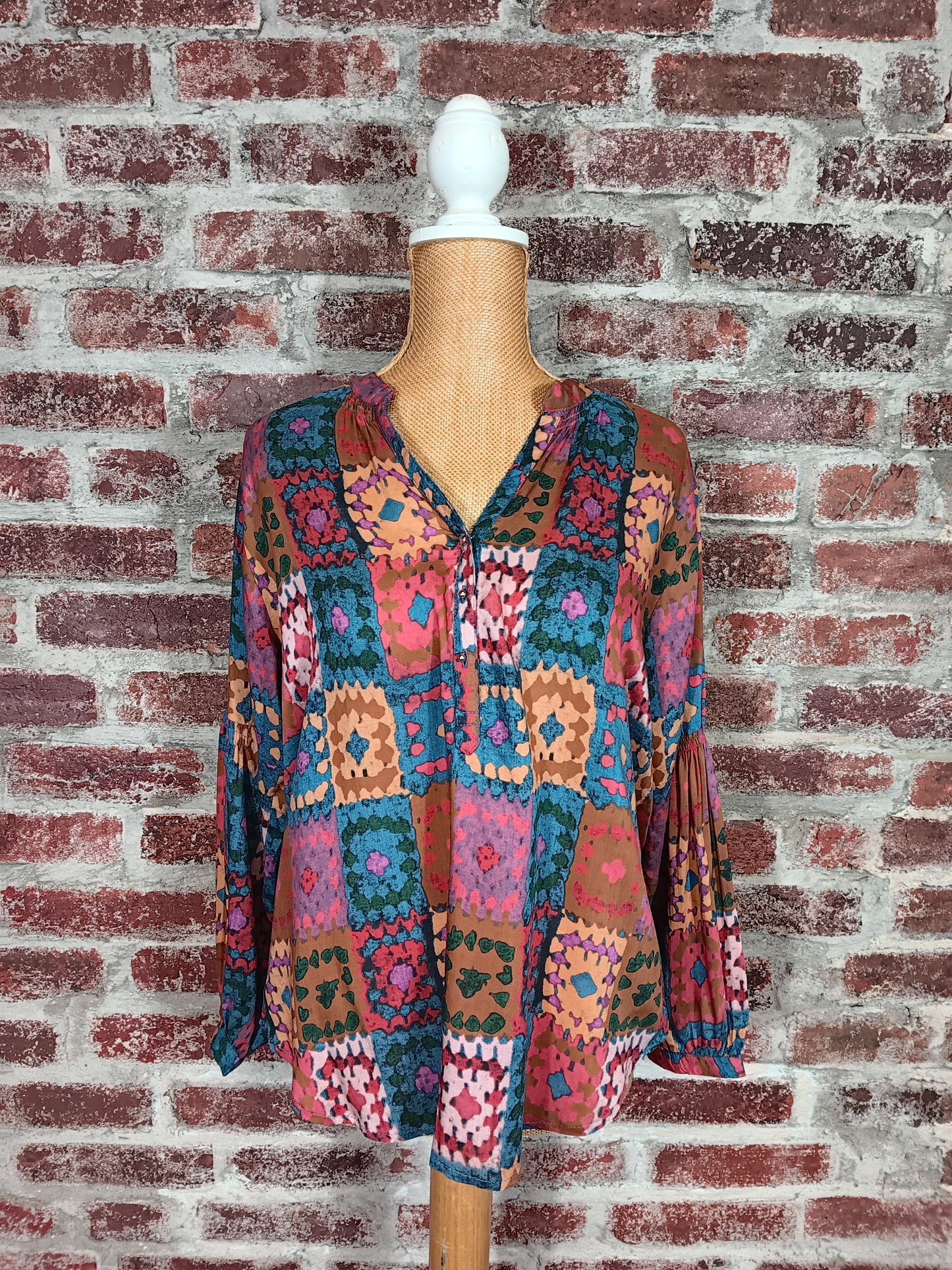 Crochet Print Multicolored Long Sleeve Top