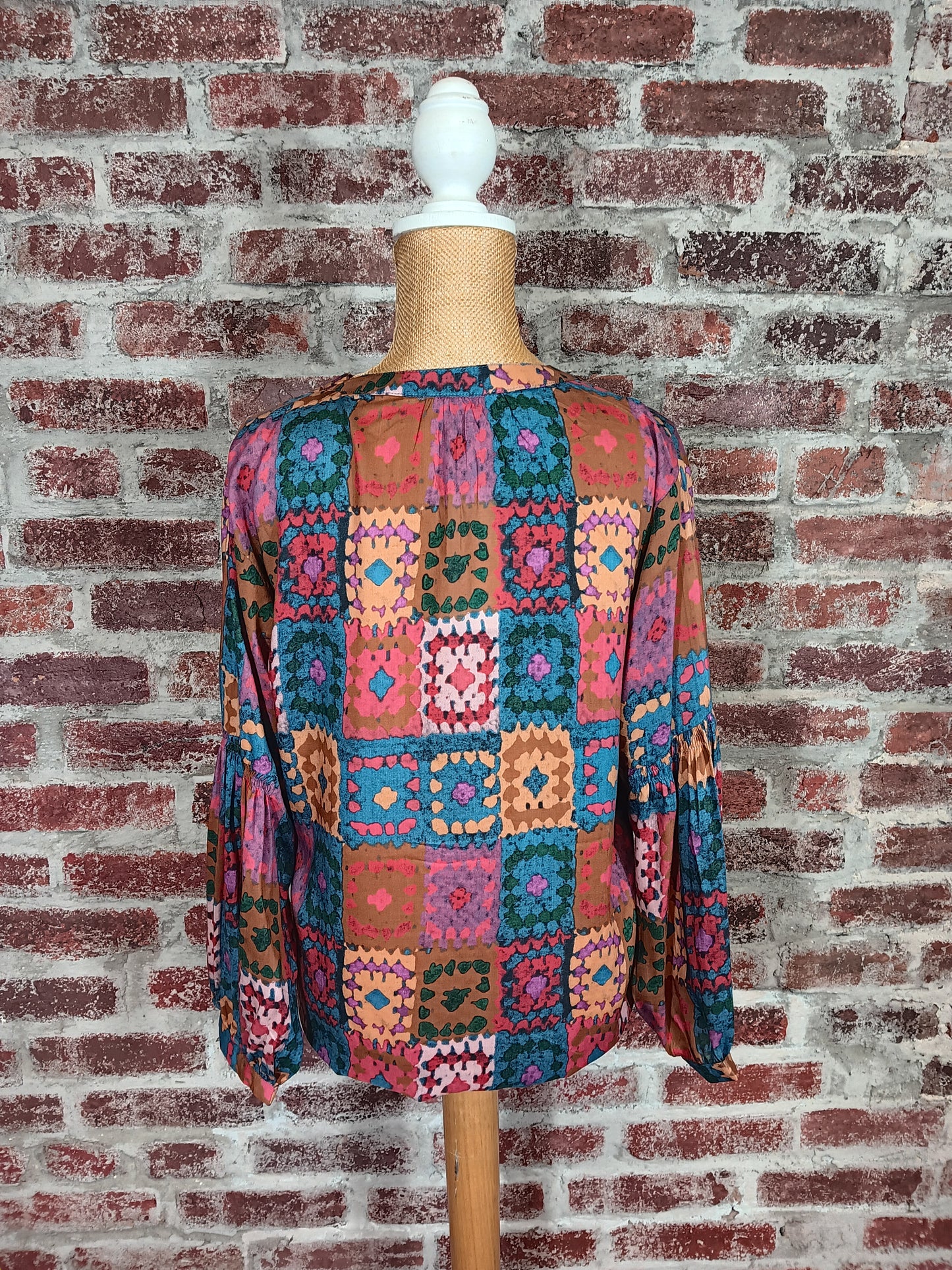 Crochet Print Multicolored Long Sleeve Top