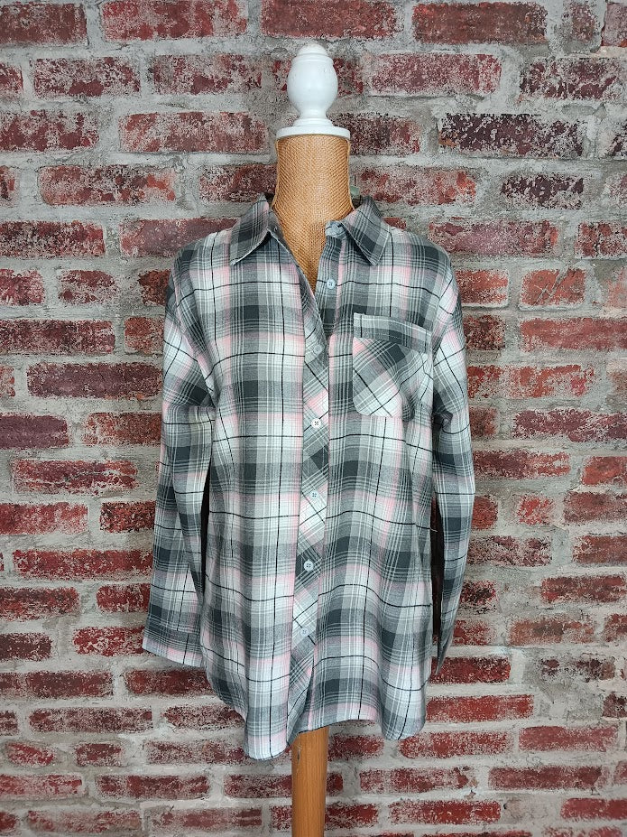 Pink and Gray Plaid Button-Up Shirt