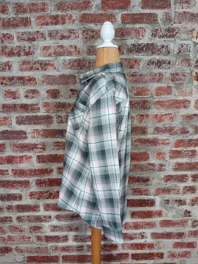 Pink and Gray Plaid Button-Up Shirt