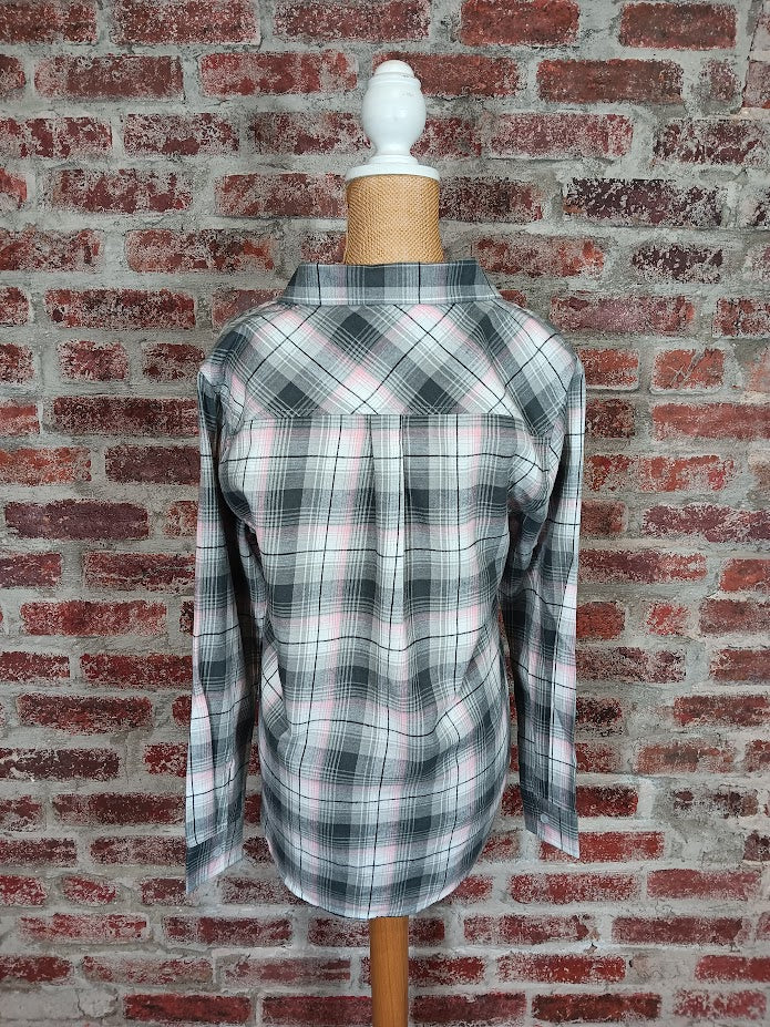 Pink and Gray Plaid Button-Up Shirt