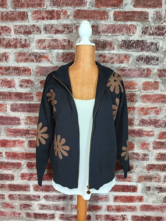 Black Floral Pattern Zipper Sweater