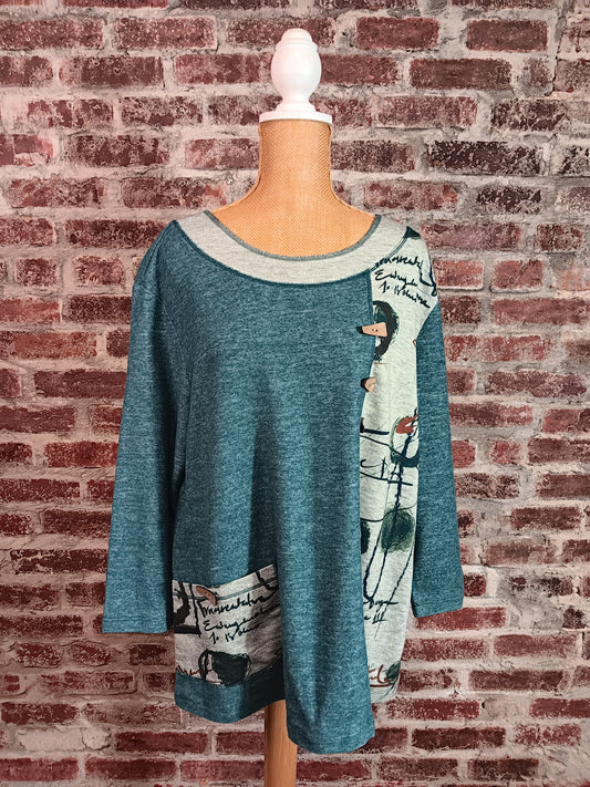 Teal/Gray 3/4 Sleeve Faux Button Pull On Top