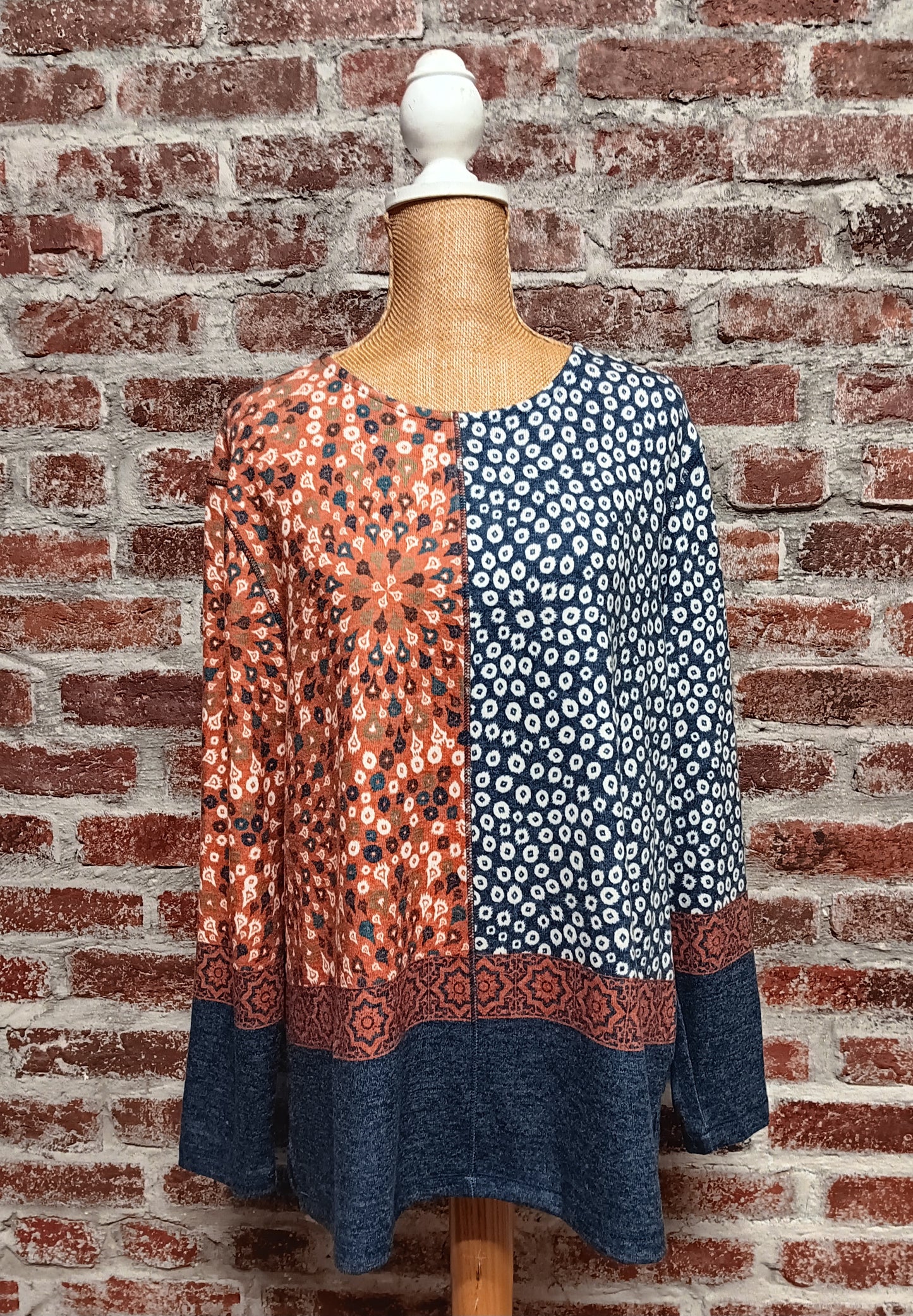 Floral Print Blue and Rust Pull-On Top