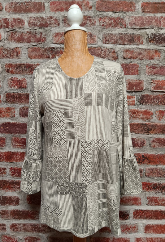 White and Brown Patterned 3/4 Flounce Sleeve Top