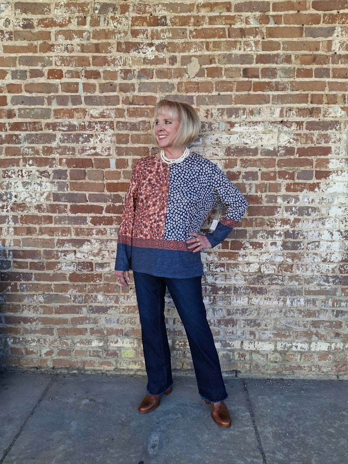 Floral Print Blue and Rust Pull-On Top