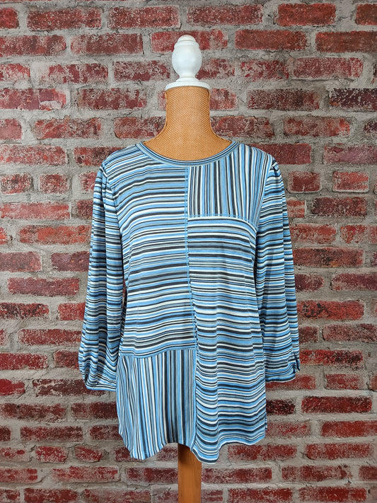 Blue Striped Multi Panel 3/4 Sleeve Top