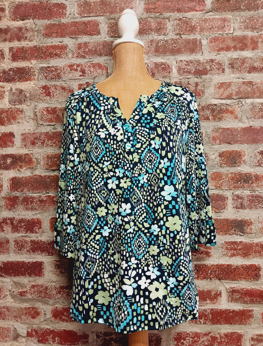 Navy / Green Floral/Dot Print Button V-Neck Plus