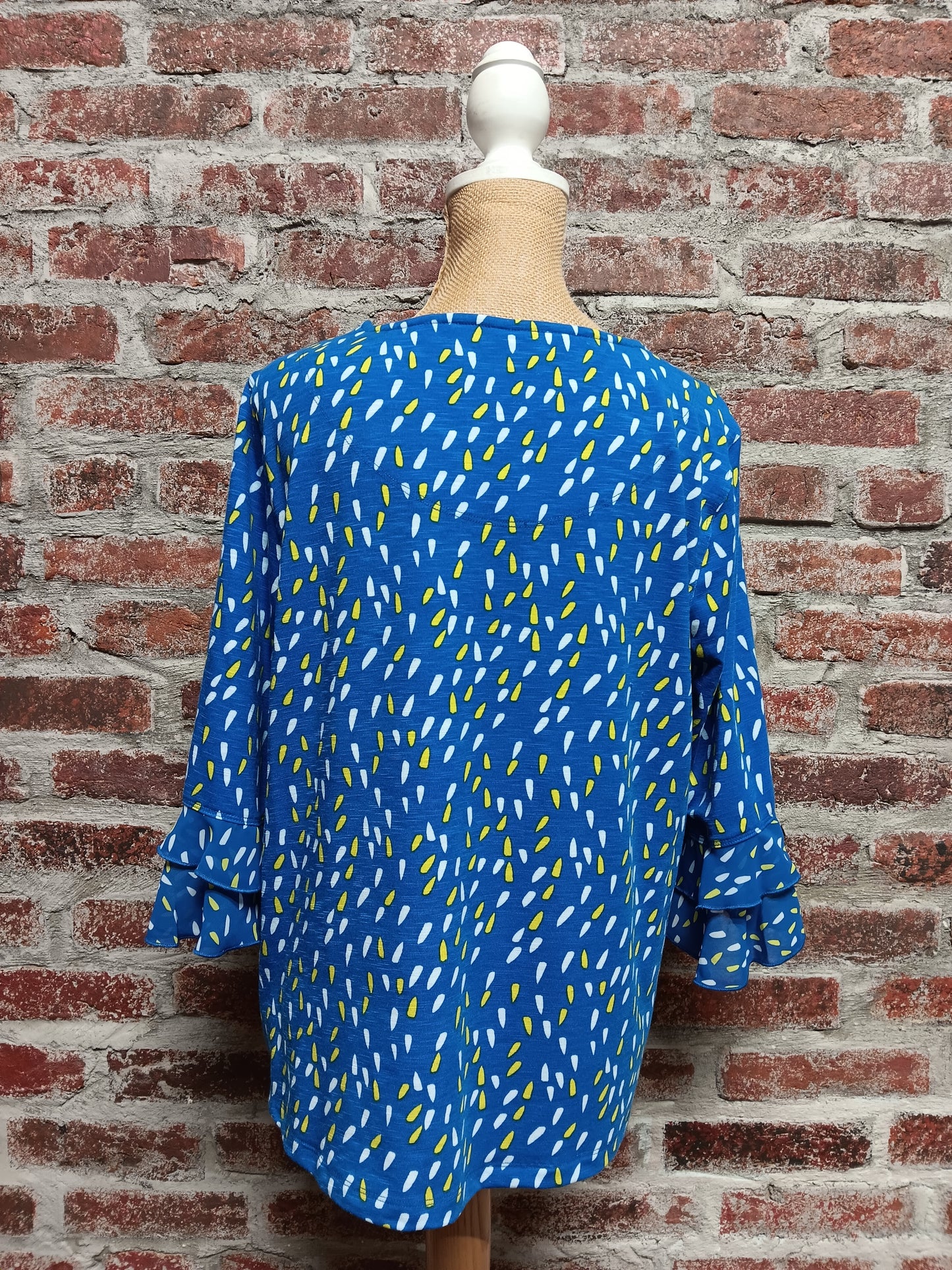 Blue Dotted 3/4 Flounce SLV Drawstring Top