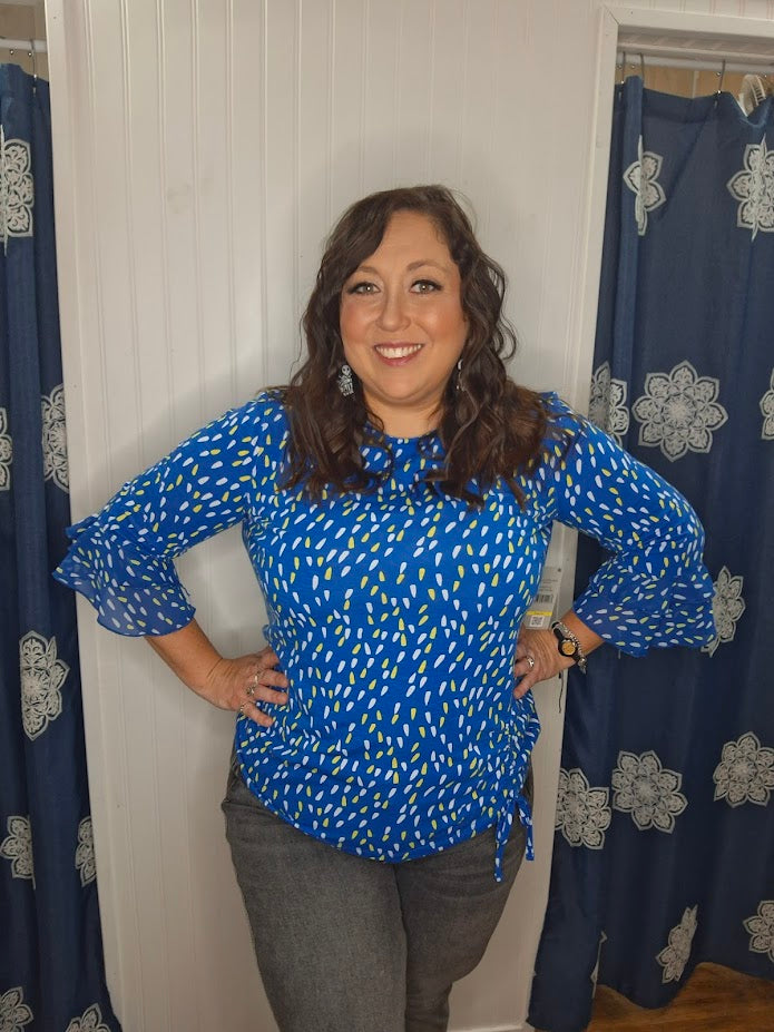 Blue Dotted 3/4 Flounce SLV Drawstring Top